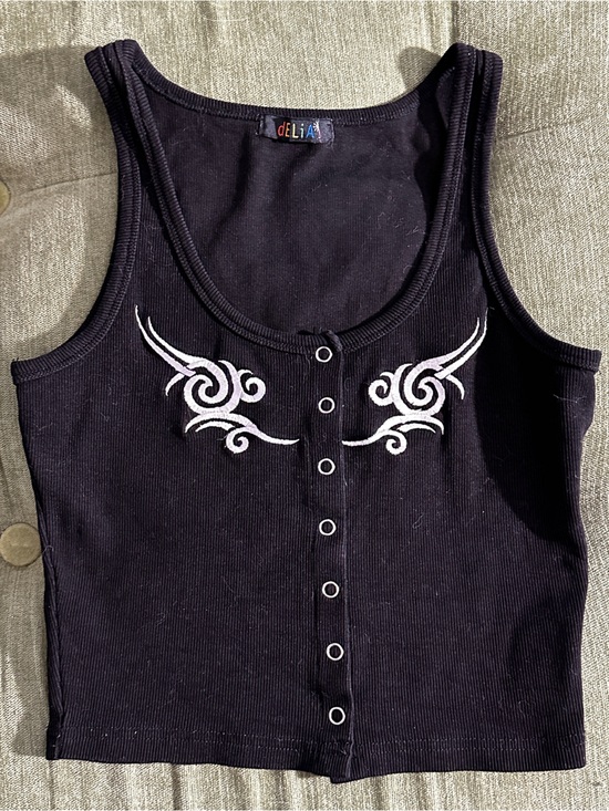 dELiA*s Tops - dELiA*s Black Ribbed Snap-Front Tank with White Tribal Motif